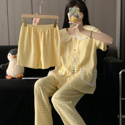 Zoomstar gran tamaño ropa casera para mujeres 2025 nuevo verano a cuadros de manga corta dulce princesa fengyunduo pijama de algodón conjunto de tres piezas H9928 lunares kt gato [estilo de solapa pequeña] m