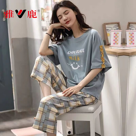 雅鹿新款睡衣女2025夏季纯棉短袖七分裤薄款可外穿卡通家居服套装 七分裤679巴比熊套装D M 女75-95斤左右