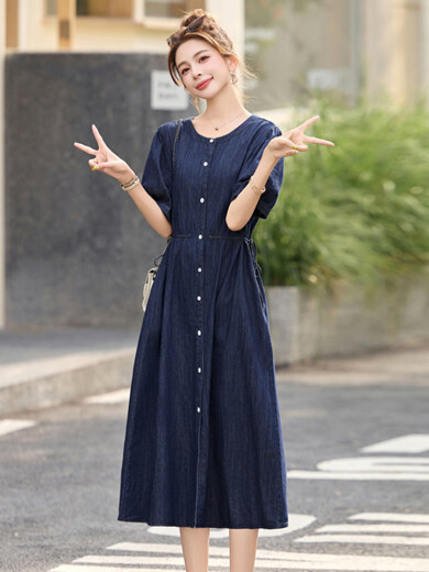 TJQ奢侈高档品牌牛仔连衣裙女2025夏季新款休闲百搭中长款气质减龄裙 图片色 S 建议105斤以内