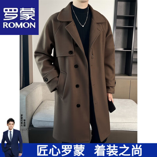 ROMON high-end woolen coat men's coat autumn and winter woolen jacket casual high-end British style mid-length windbreaker cotton brown thickened 3XL