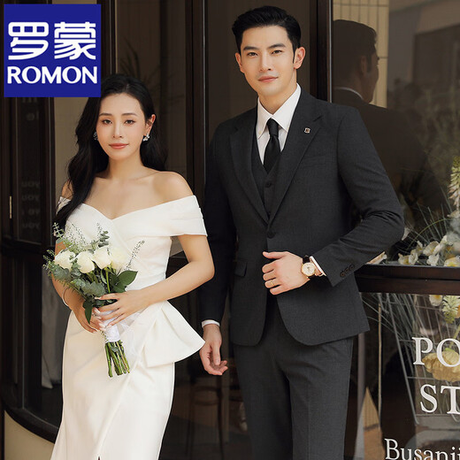 Traje de boda de Romon Groom Traje para hombres Set de tres piezas de tres piezas Corea Slim Business Casual Groomsmen's Dress Single Butt Navy (traje + chaleco + pantalones) XL