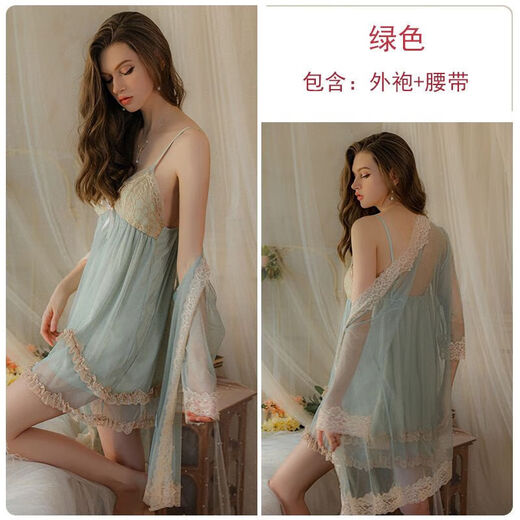 画枕眠（HUAZHENMIAN）连衣裙瑰若甜美蕾丝加垫深V惑蓬蓬网纱吊带睡裙外袍家居服装3900 P3886绿色（外袍+腰带） 均码