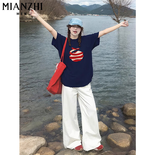 Cotton American pure cotton short-sleeved T-shirt for women in summer 2025 new loose and versatile apple printed round neck five-point sleeve top 29690 white [high quality 20.5] L 100-120Jin [Jin equals 0.5 kg]