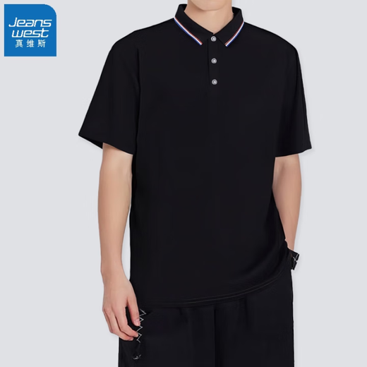 真维斯（Jeanswest）短袖POLO衫夏季纯色绣标上衣服polo衬衫短袖上衣 黑色 698 L （建议110-115斤）
