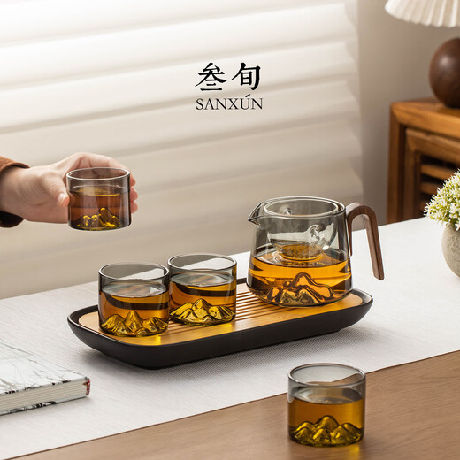 Thirty-year-old Yuanshan Zhuanzhuan glass teapot, tea and water separation, special fair cup tea set for lazy people to make tea, small green orange tea set, Yuanshan Zhuanzhuan teapot_transparent