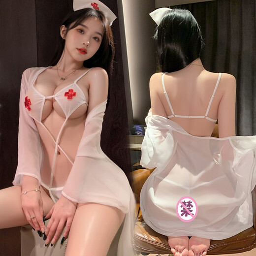 曼烟情趣内衣内裤2025年新款女透视美背三点紧身连体护士外罩衫制服性 白色【连体衣+外罩衫+T裤】 均码