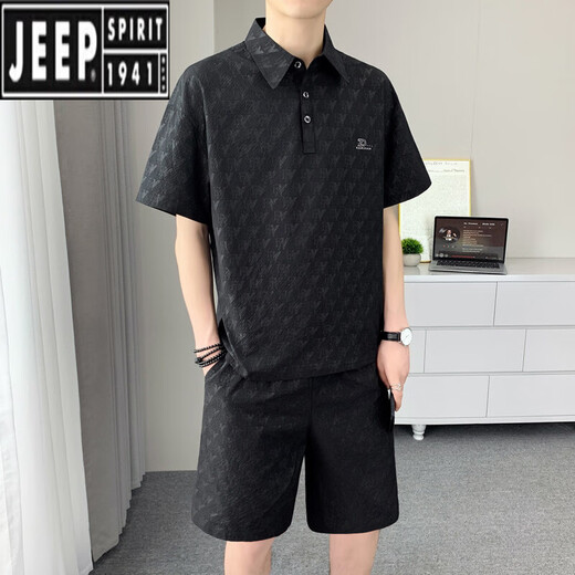 Jeep (Jeep) Camisa de solapa de seda de hielo Traje de manga corta para hombres casuales de 2025 Summer Nuevo deportes sueltos de secado rápido Set de dos piezas Khaki XL 130-145Jin [Jin iguala 0.5 kg]