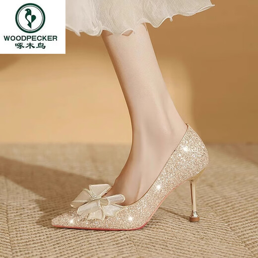 Woodpecker Champagne Couleur Chaussures de mariage pour femmes robe de mariée hexiu chaussures de mariée à deux usines talons talons sans pied fatigués