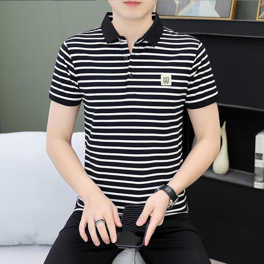 森马（Semir）商场同款男装夏季条纹男士短袖体恤纯棉休闲百搭polo衫男装中年带 黑白QY753 M [建议100-120斤]