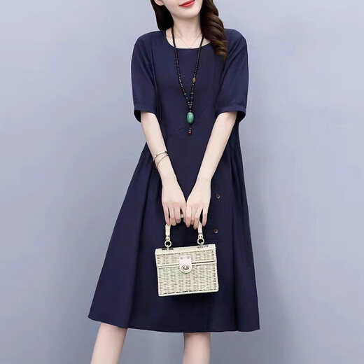 
XAE luxury high-end brand short-sleeved dress for women 2025 summer new round neck loose and fashionable age-reducing slimming skirt gray XL 125-135Jin [Jin equals 0.5 kg]