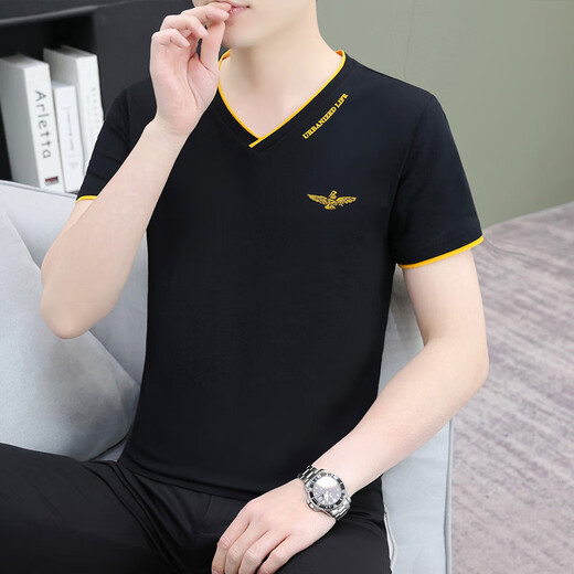 老爷车（LAOYECHE）男士夏装鸡心v领纯棉t恤短袖潮流薄款压花时尚百搭半袖上衣体恤男 白色 Q693 M 90-100斤