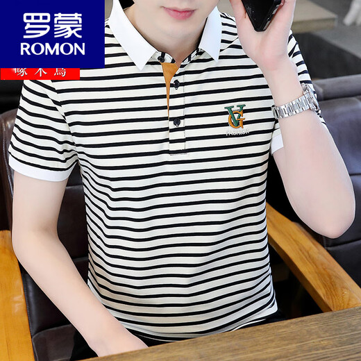 Romon kurzärmeliges T-Shirt für Herren-Sommer-Eis Silk-Polo-Hemd gestreiftes Stick-Revers-T-Shirt atmungsaktives halbärmeliges Top 6626 Khaki M [80-100jin [Jin ist gleich 0,5 kg]]