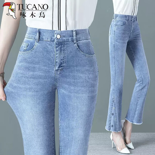 TUCANO; Woodpecker's nine-point micro-flare jeans for women 2025 spring and summer new style semi-elastic high waist slim elastic slim fit embroidered bell-bottom pants blue-6175# nine-point micro-flare trousers thin thin 28 Recommended 100-110Jin [Jin equals 0.5 kg]