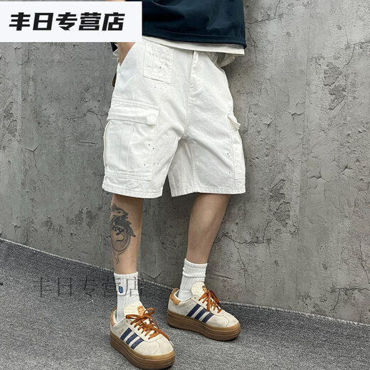 TYBURN尹小鸡 重磅水洗宽松工装大口袋白色竹节牛仔短裤五分裤男女1049 白色 M 【90-110】