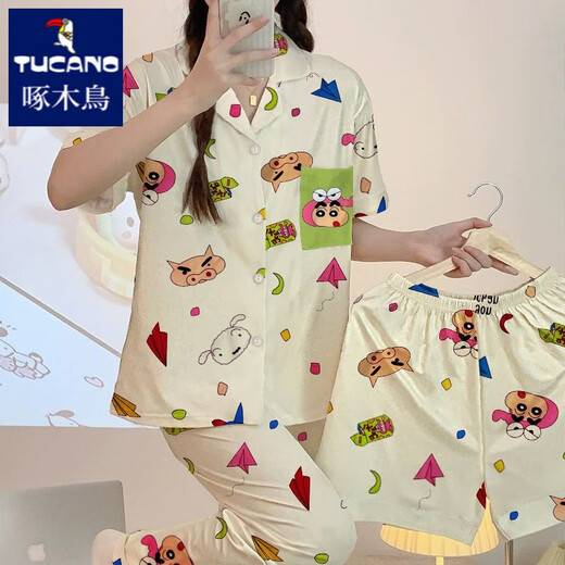 啄木鸟卡通小新睡衣女款夏季短袖纯棉三件套日系ins可爱学生开衫家居服 #FS-三件套14135 L 【95-112斤】