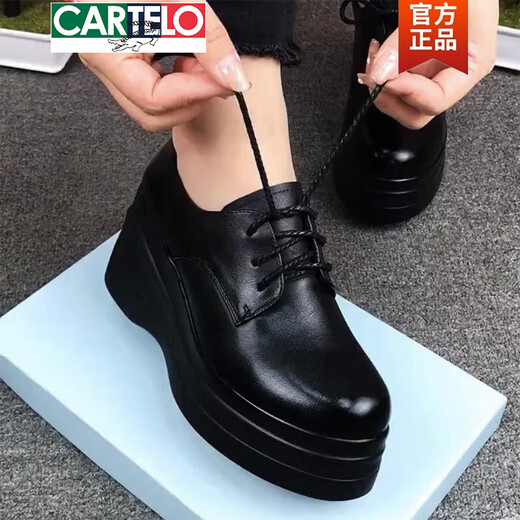 CARTELO brand shoes thick-soled small leather shoes for women 2025 spring and autumn new arrival platform wedge single shoes fashionable mother women's high heels black 38