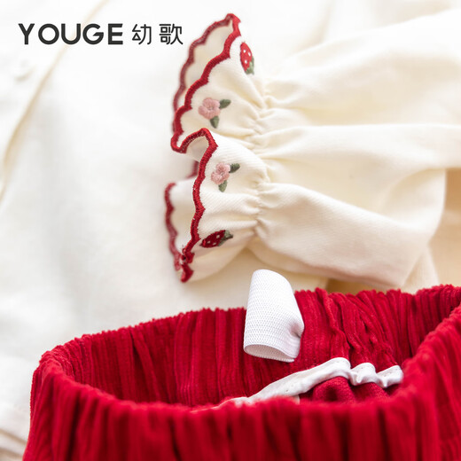 YOUGE Infant and Toddler 2025 Autumn Comfortable Strawberry Soft Shirt Pure Cotton Corduroy Pants Set Trendy Beige (Top) 100 cm