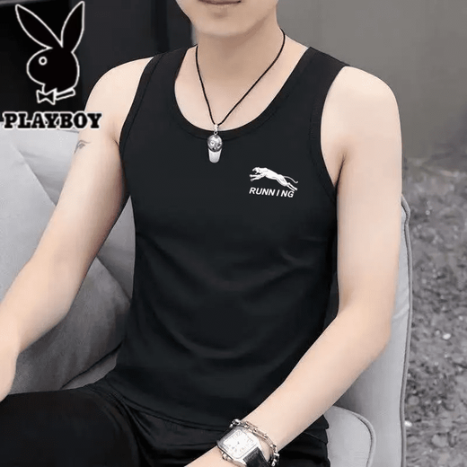 Playboy (Playboy) Herrenweste für Sommer Neue trendige Sport- und Fitnessweste schlanker Anpassungen in ärztem T-Shirt Ice Seidenbasis Sweatshirt 2-teilige China White + China Black Collection und Kauf M XL Empfohlen 165-180c110-125jin [Jin gleich 0,5 kg]