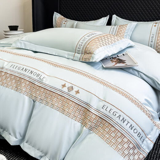 LAVIE HOME Ice Silk Four-piece Summer Silky Nude Sleeping Quilt Cover 2025 New Light Luxury Sheet Summer Bed Alice-Baby Blue Sheet Style 1.8m Four-piece Set