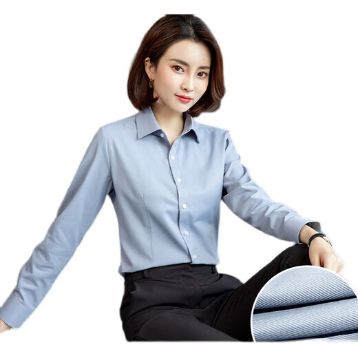 LA海澜之家（HLA）同款）春季女士长袖衬衫韩版修身暗门襟白色衬衣 15604蓝色斜纹V领 38