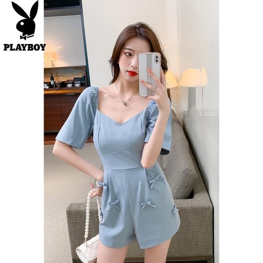 花花公子;PLAYBOY夏季新款小个子连体衣女装气质方领泡泡袖蝴蝶结连身连体短裤套装 粉色 S