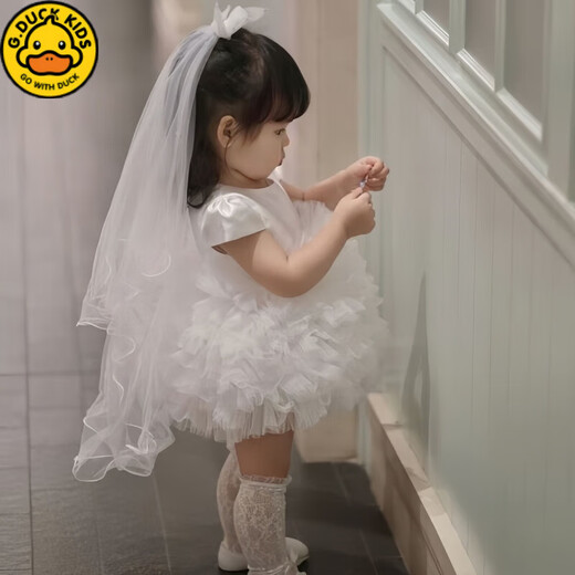 G.duck Children's First Birthday Dress 2025 New Super Fairy and Cute Princess Dress Girls Princess Dress Summer White + Veil 80