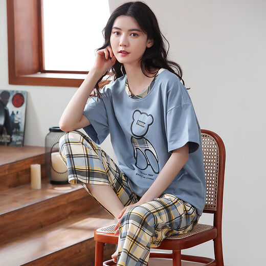 浪莎100%纯棉睡衣女春夏短袖长裤休闲宽松女韩版家居服秋季可外穿套装 T-9720(短袖长裤) M码(85-105斤) 均码