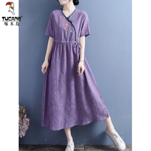 Woodpecker 2025 summer new cotton linen tilted placket embroidered short-sleeved dress for women Chinese style literary retro mid-length skirt Blue M Recommended 80-105Jin [Jin equals 0.5 kg]