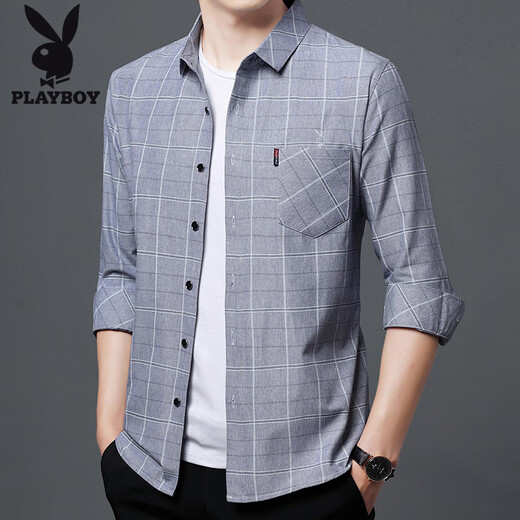花花公子（PLAYBOY）纯棉长袖衬衫男2025春秋真口袋中年男装格子宽松大码衬衣 6626绿色【春秋】 薄款 M 165建议100-115斤
