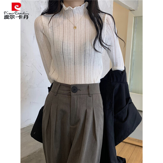 皮尔卡丹（pierre cardin）木耳边毛衣女薄款秋冬季半高领打底衫内搭洋气修身针织衫长袖上衣 燕麦色【气质上衣/温柔系/欧美/ S 【针织衫秋季女/毛衣女秋冬】