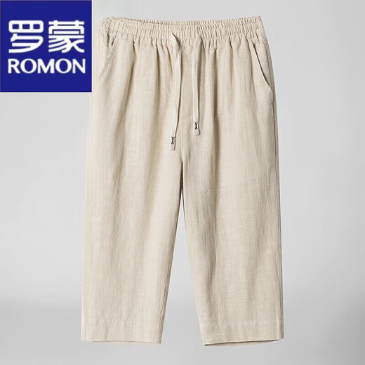 罗蒙（ROMON）2025棉麻7七分裤男士夏季宽松薄款新中式直筒短裤大码亚麻裤子 8222米色 L 1105-120  斤