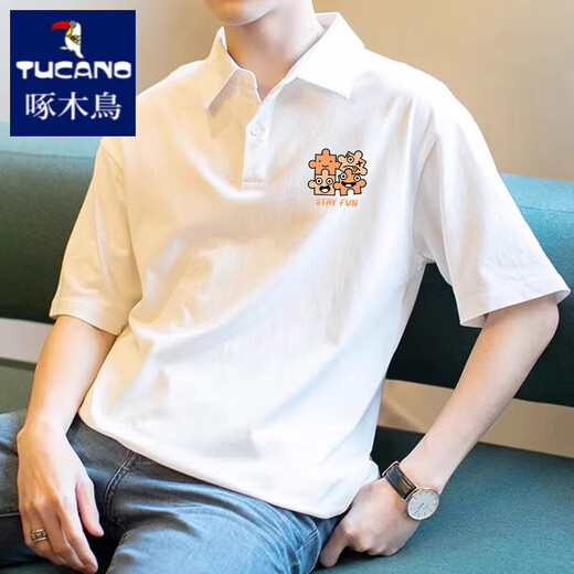 Holzpecker American Retro Herren-Polo-Hemd kurzärmelige, lose vielseitige Revers-T-Shirt 2025 Sommer Pure Baumwoll halbärmelte Top [3895-Wasp] Weiß M 85-110Jin [Jin entspricht 0,5 kg]