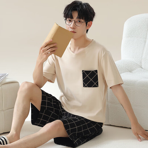 Shuo Gu Jin (Shuo Gu Jin) Summer Men's Pyjamas Imitation Coton Pull-up Shorts à manches courtes décontractées, les adolescents peuvent porter des vêtements de maison minces pour les hommes AM-3524 L