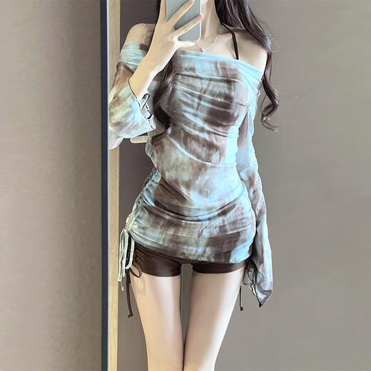 Lugeli bikini women's swimsuit new seaside hot spring swimsuit sexy retro long-sleeved blouse split vacation swimsuit brown bikini recommended 80-120Jin Jin equals 0.5 kg