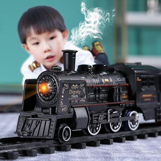HKDA Steam Retro Electric Train Track Locomotive Set Boys Car Model Children's Toys 2025 Set (Regular Edition) Black Basic Edition + With 3 Cars