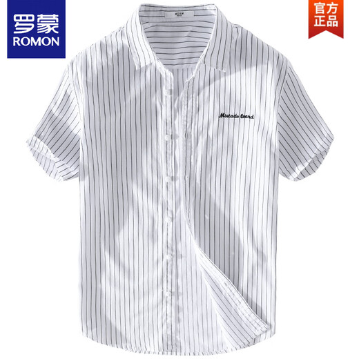 罗蒙（ROMON）男士条纹衬衫短袖宽松夏季薄款日系休闲百搭纯棉衬衣夏装衣服 9740白色 L 115斤左右