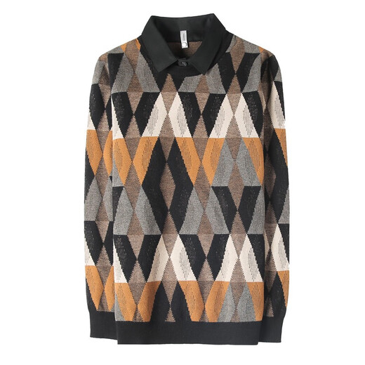 Xizunlong autumn and winter thick warm jacquard pattern shirt collar fake two-piece sweater men fashion casual pullover knit sweater men trend 9855 black M