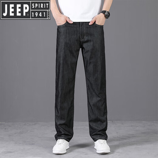 
JEEP SPIRIT Jeep High-end Ice Silk Jeans Men's Summer Thin Straight Loose 2025 New Casual Men's Pants Ice Silk Black 9763 32 Waist Circle 2 feet 5