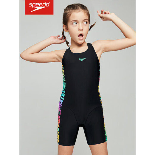 速比涛（Speedo）儿童平角泳衣舒适抗氯防晒女孩训练比赛连体游泳衣 黑色/电光粉8-12392G720 140 70(9-10岁)
