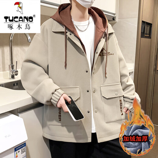 啄木鸟（TUCANO）外套男士秋冬季加绒加厚棉服潮流青少年高中学生帅气男装夹克棉衣 687米色 春秋款 XL 可穿115-130斤