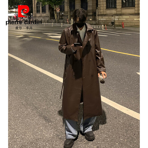 Pierre Cardin Maillard wears pu leather windbreaker men's handsome high-end double-breasted coat mid-length over-the-knee waisted coat black S