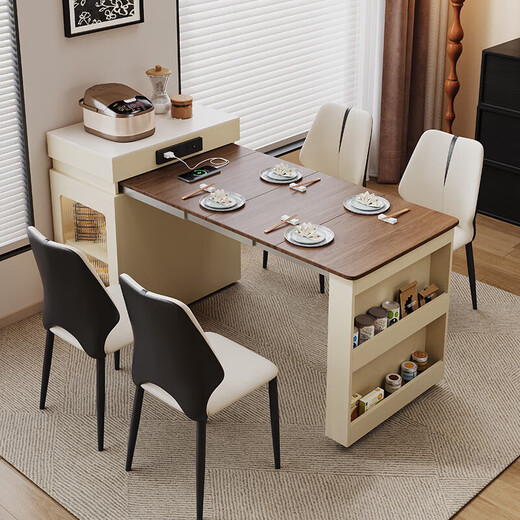 Suizhi solid wood island dining table integrated retractable and foldable home small apartment with storage new island dining table Folding island (fixed socket) double hole tea stove 1.4m retractable island (including cabinet) + folding chairs *4