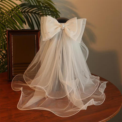 Er Jiagong Braut Kopfschmuck auf der Flucht Prinzessin Hochzeitskleidempfänger Registrierung Veil Dopple Wrinkle Bow Hochzeit Haarzubehör 6624 Veil (Entenbill Clip) unter 60 cm