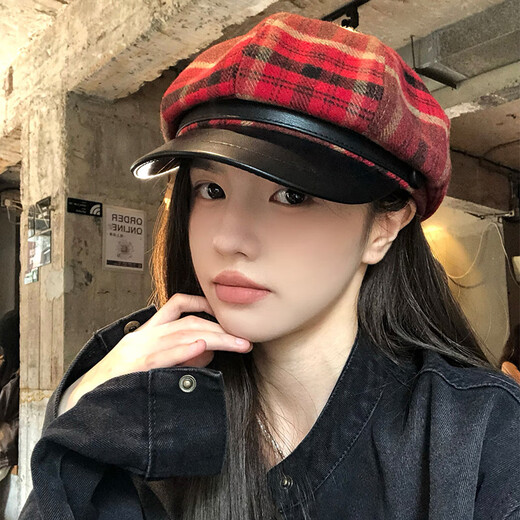 Yuna Red Plaid Woolen Octagonal Hat Women's Autumn and Winter British Retro Beret Hat Women's New Retro Newsboy Hat Red One Size