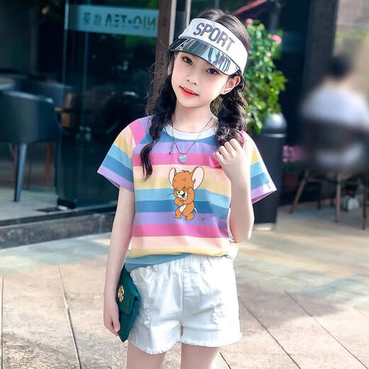 哈罗小黄鸭童装女童短袖t恤女夏装新款棉中大童条纹宽松半袖彩虹条ins 彩虹684 150 【60-75斤左右】