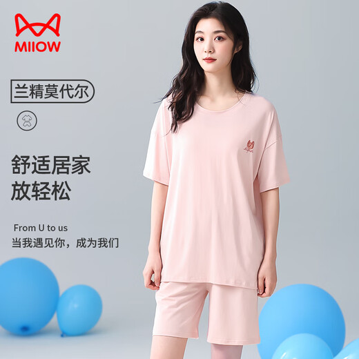 Cat Man (Miiow) Baumwollmodal Frauenpyjama für Frauen Sommer 10A Antibakterielle Eis Seide Kurzarm Shorts Kühle Heimkleidung für Frauen Pink L.