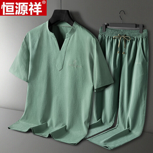 Hengyuanxiang Pajamas Мужская летняя шелковая шелковая шелковая брюки с короткими рукавами Тонкий летний прохладный мужской стиль крупного размера для костюма для домашней одежды на открытом воздухе 9906 серо-голубой [шорты с короткими рукавами] L [85-105Jin [Jin равен 0,5 кг]]
