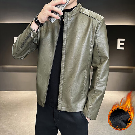 High-end stand-up collar leather jacket for men in autumn and winter new fashion casual black leather jacket velvet thickened versatile jacket military green thickened 3XL