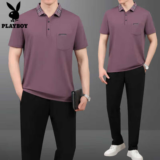 花花公子（PLAYBOY OUTDOOR）爸爸夏装冰丝短袖T恤运动套装男士夏季中老年父亲节休闲跑步套装 687-暗红【短袖+短裤】 XL【120-140斤左右】