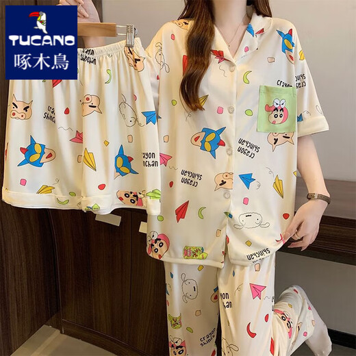 啄木鸟卡通小新睡衣女款夏季短袖纯棉三件套日系ins可爱学生开衫家居服 #FS-三件套14135 L 【95-112斤】